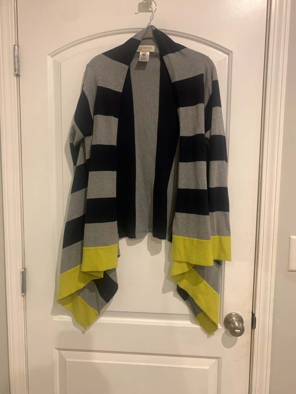 Gray Black Striped Open Front Cardigan with Lime Yellow cuffs
